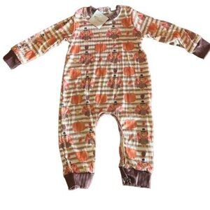 Clover Cottage Baby Thanksgiving Romper Festive turkey & pumpkin‎ print